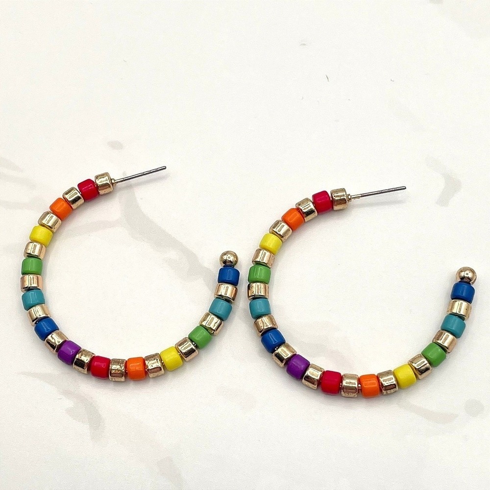 Vintage Rainbow Beaded Hoop Earrings Gold Tone Cube Beads Fun Colorful Y2K Boho